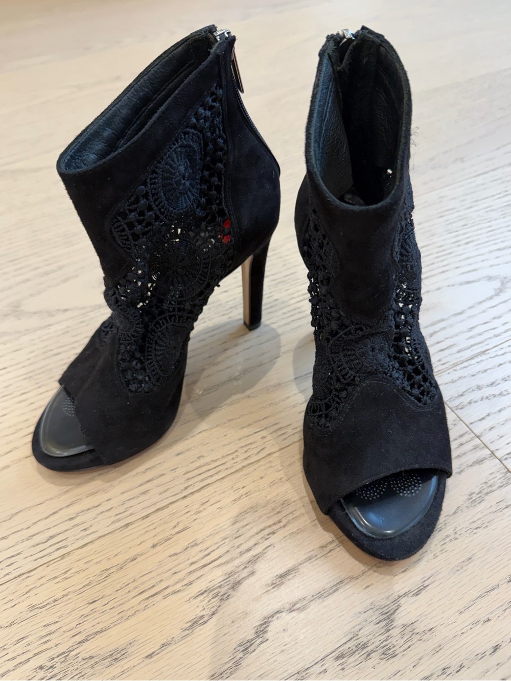 Vero Cuoio Italian Suede Leather Bootie, Open-Toe, Lace, Black, Size US 6